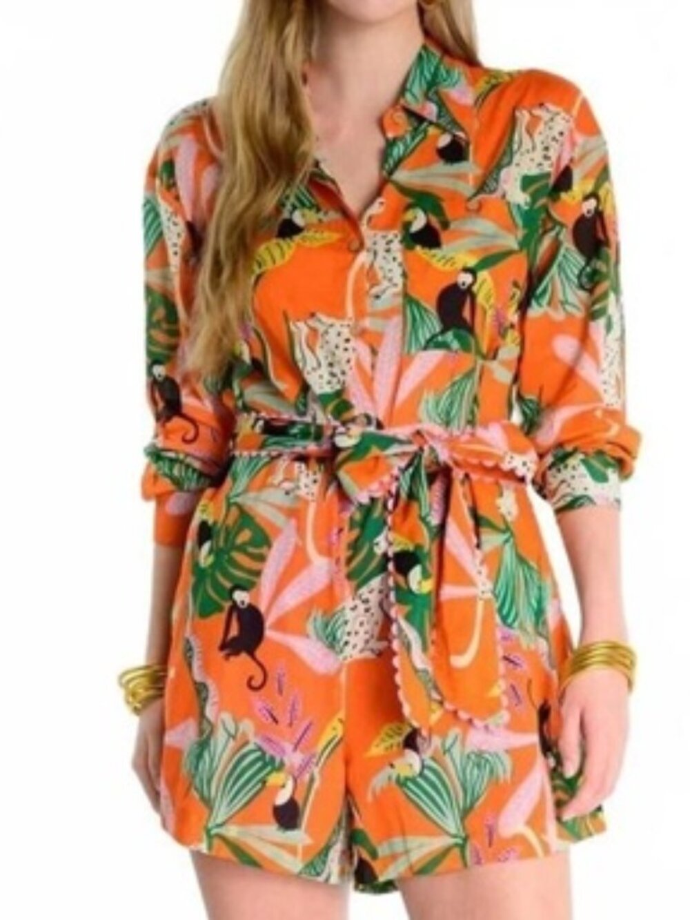 IVY JANE Tropical Shirt Style Romper One Piece Shorts Roll Sleeve S New Tags!